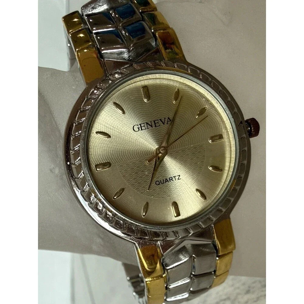Geneva Quartz Watch Two-Tone Gold Silver Link Bracelet W/New Battery Working SS